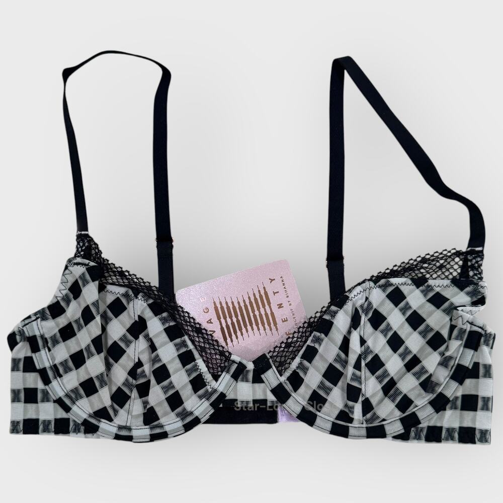 Savage X Fenty Gingham Remix Unlined Plunge Bra | 32B Black White Sexy Lingerie